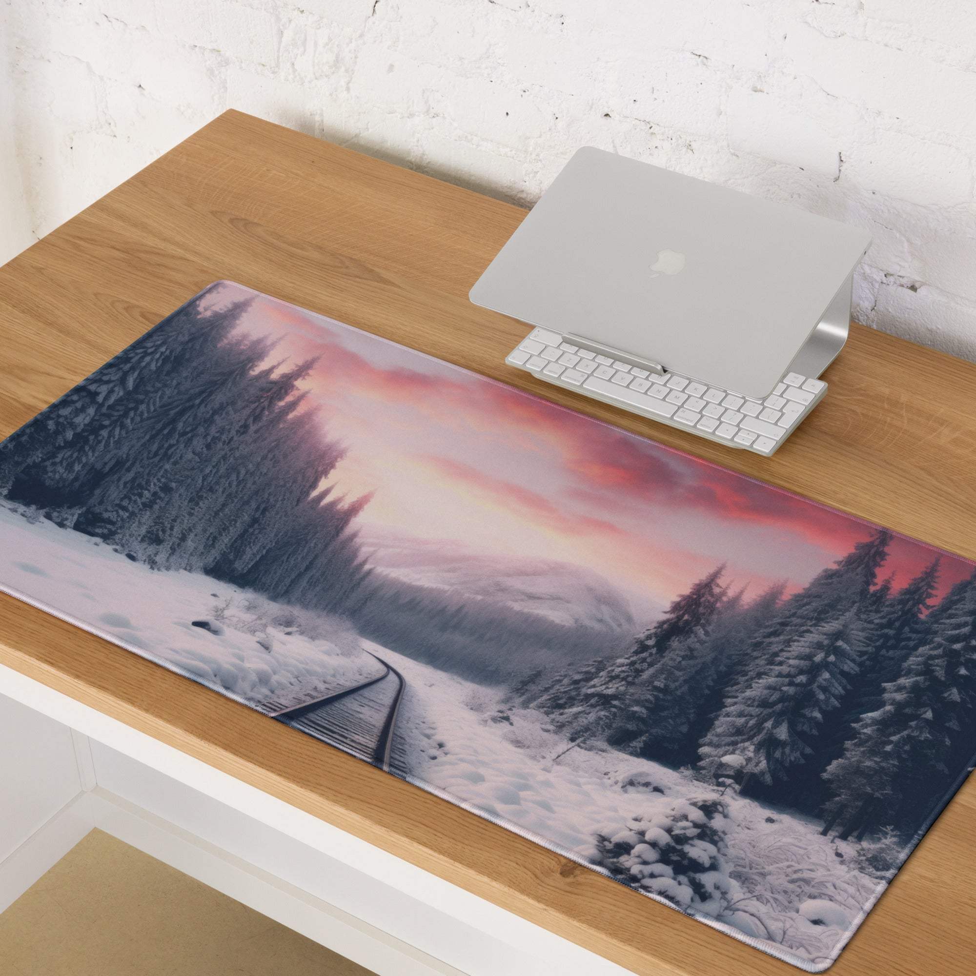 Calm winter snow forest gaming mousepad with frosty pines and railway track