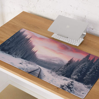 Calm winter snow forest gaming mousepad with frosty pines and railway track
