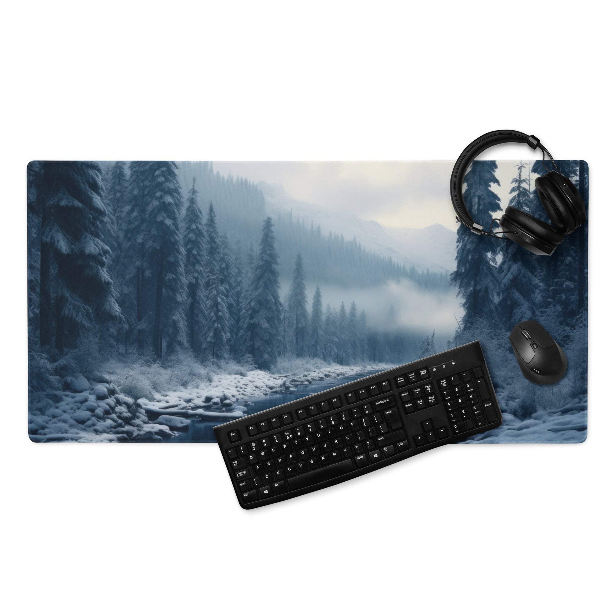Wintry blue snowy forest gaming mousepad with black keyboard and mouse