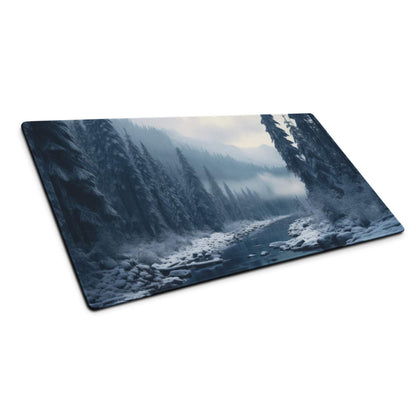 Wintry blue forest scene large gaming mouse pad with snow pines river