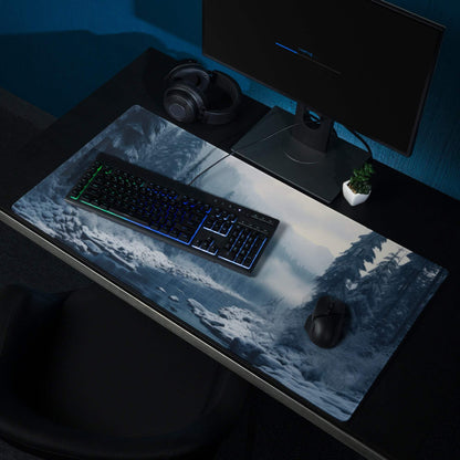 Blue and white snowy forest gaming mousepad with glossy finish
