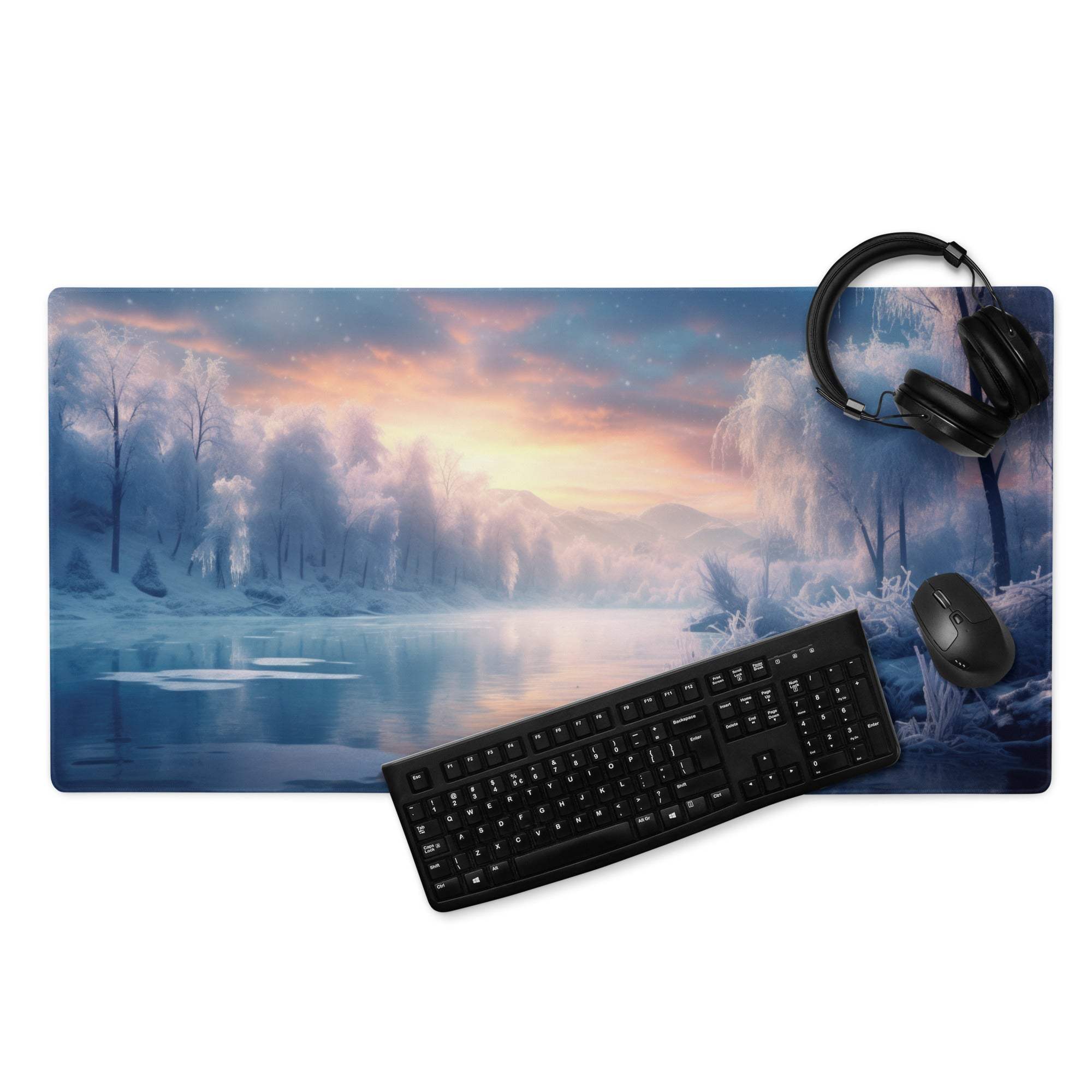 Tranquil winter forest gaming mousepad with icy trees, lake, twilight sky