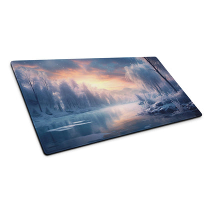 Tranquil winter forest gaming mousepad with icy trees, sunset sky, non-slip base