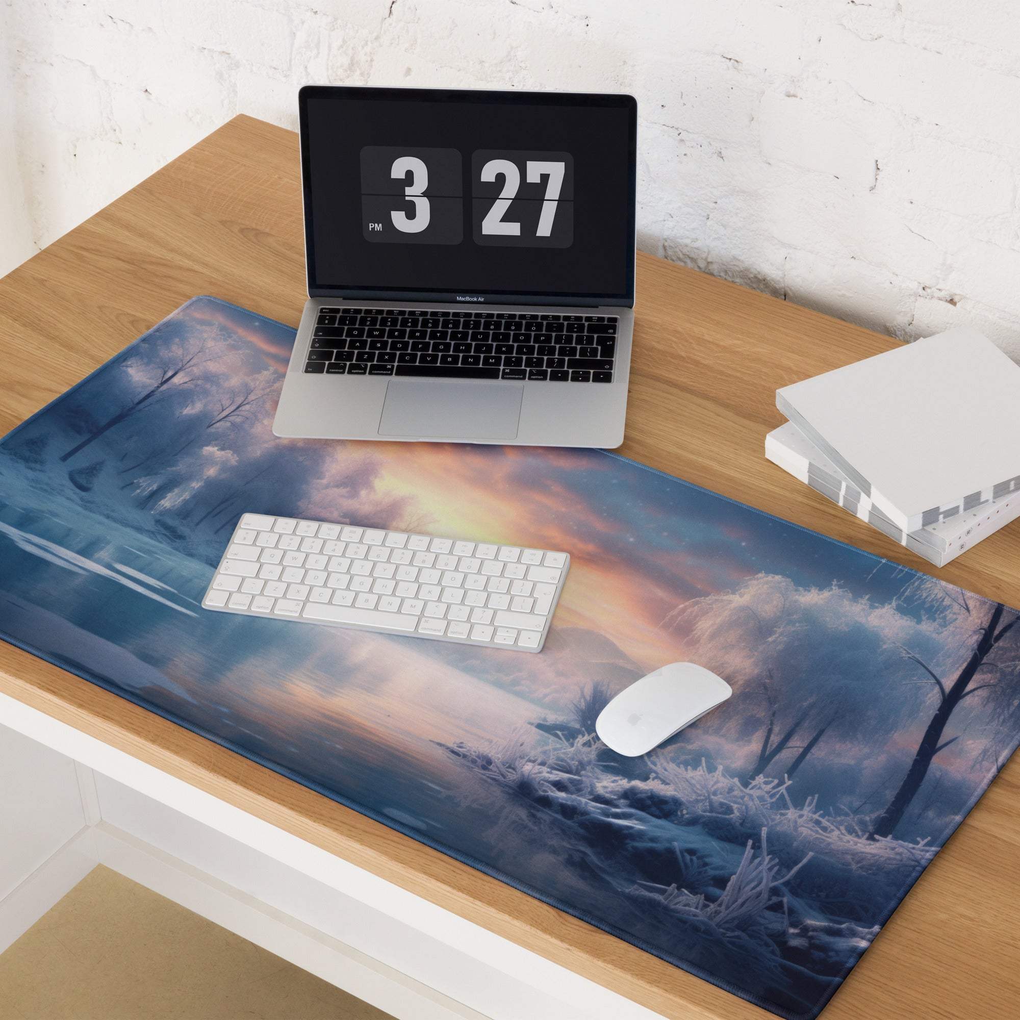 Blue purple winter forest mousepad with frosty trees sunset sky large gaming pad
