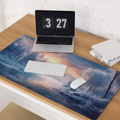 Blue purple winter forest mousepad with frosty trees sunset sky large gaming pad