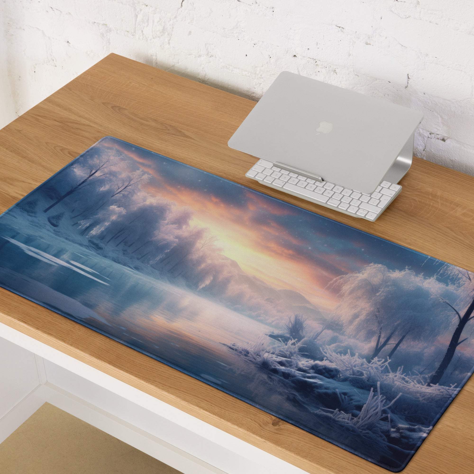 Tranquil winter forest gaming mouse pad with icy trees, sunset sky, large stitched non-slip base