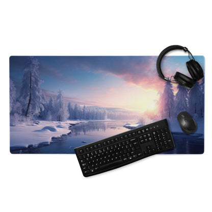Tranquil winter forest gaming mouse pad with snow trees, frozen river sunset