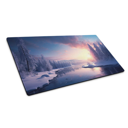 Tranquil winter forest gaming mouse pad with snow trees sunset reflection