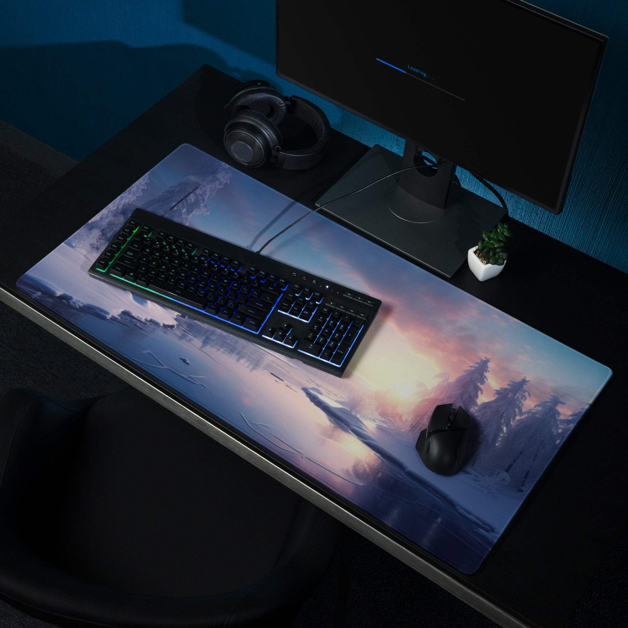 Tranquil winter forest gaming mousepad with pastel pink blue landscape