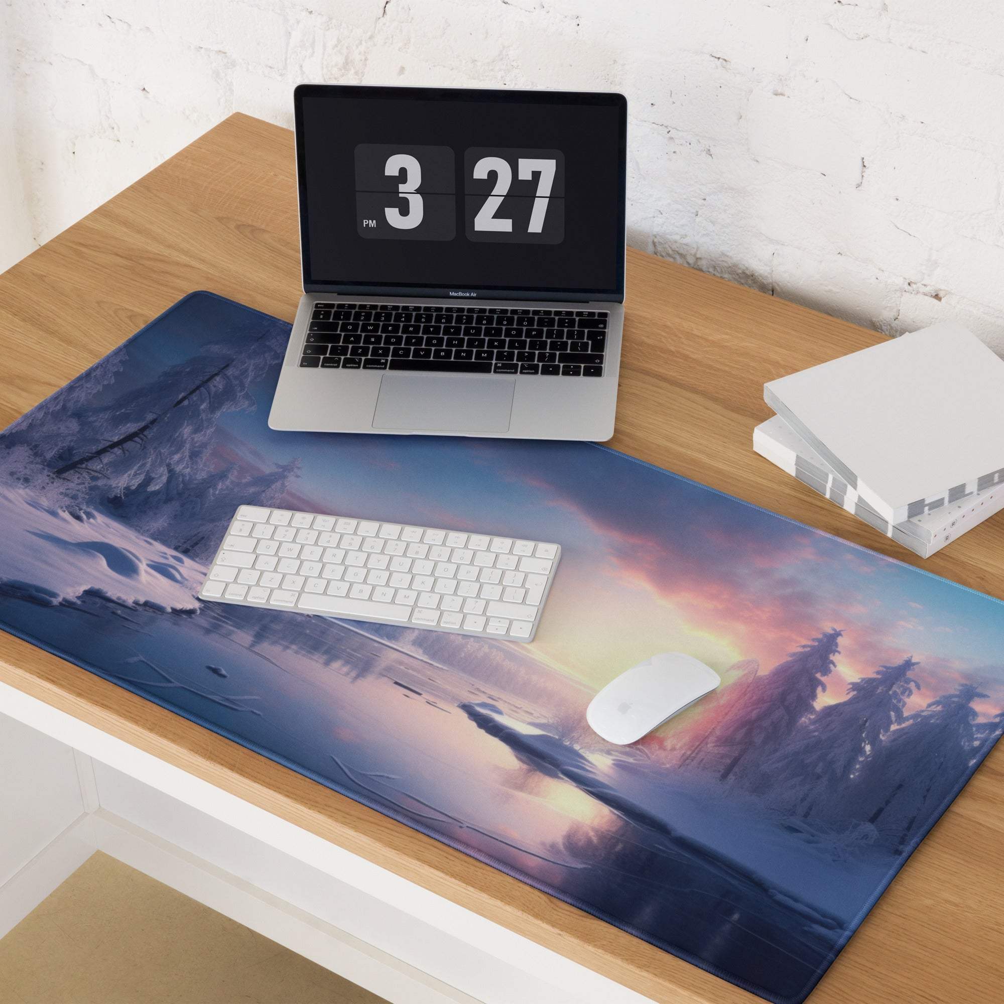 Tranquil winter forest gaming mouse pad with stitched edges and non-slip base