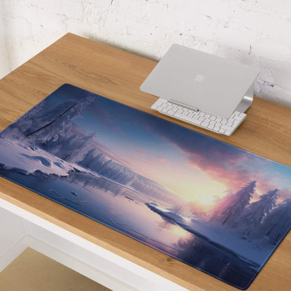 Tranquil winter forest sunset mousepad with reflections, large gaming pad