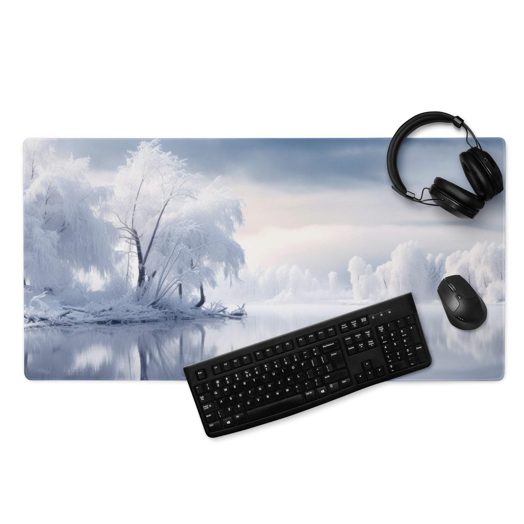 Serene ultra wide winter landscape gaming mouse pad with frosty trees and icy reflections