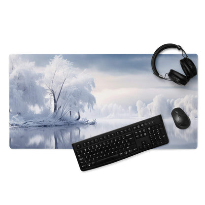 Serene ultra wide winter landscape gaming mouse pad with frosty trees and icy reflections