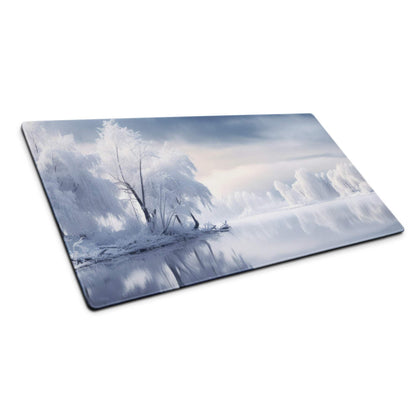 Serene ultra wide winter landscape glass cutting board with frosty trees, snow, icy reflections in blue mood