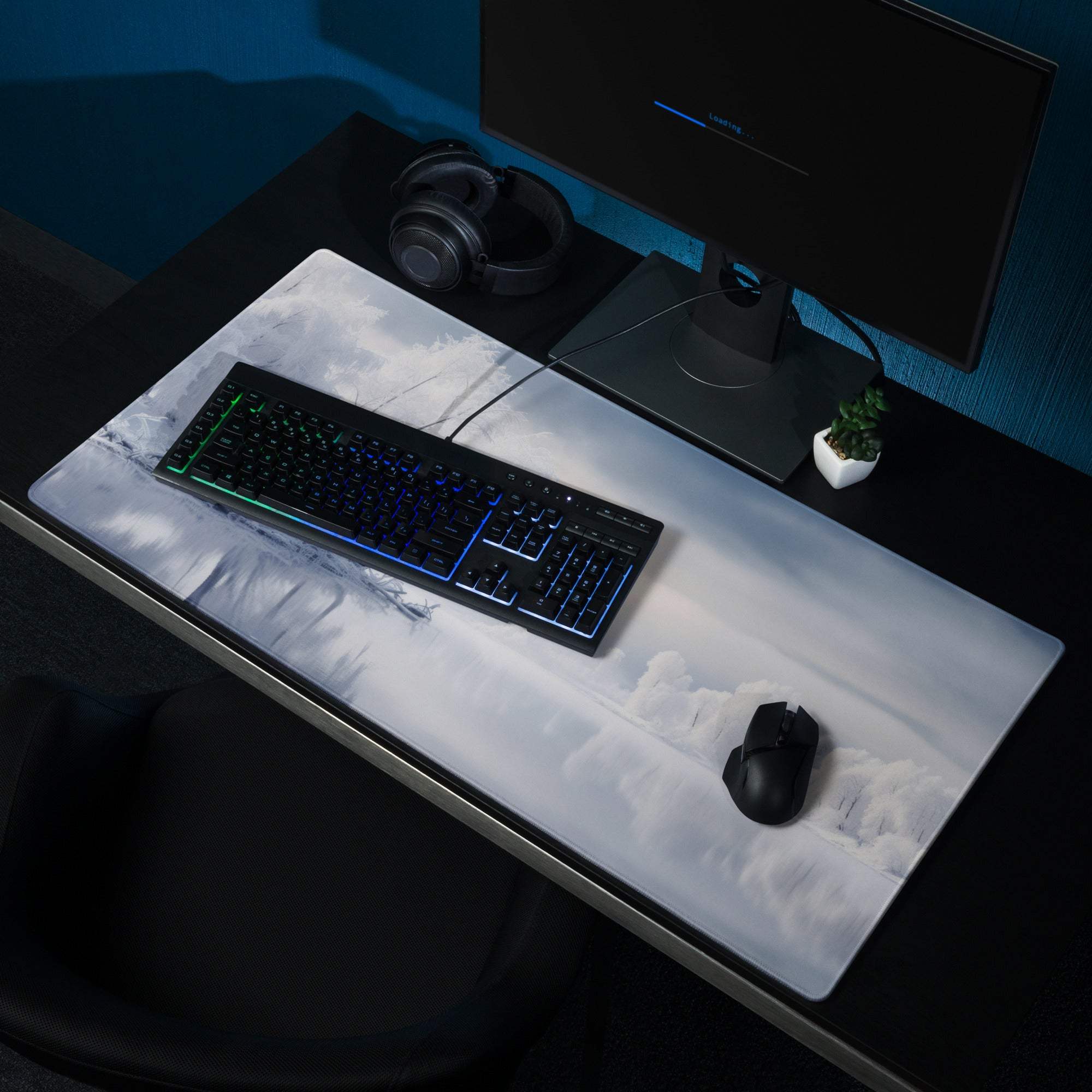 White marble gaming mousepad with gray veins, serene winter landscape design