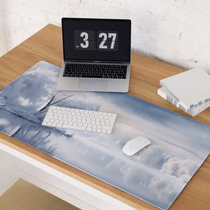 Blue and white winter landscape mousepad with frosty tree silhouettes