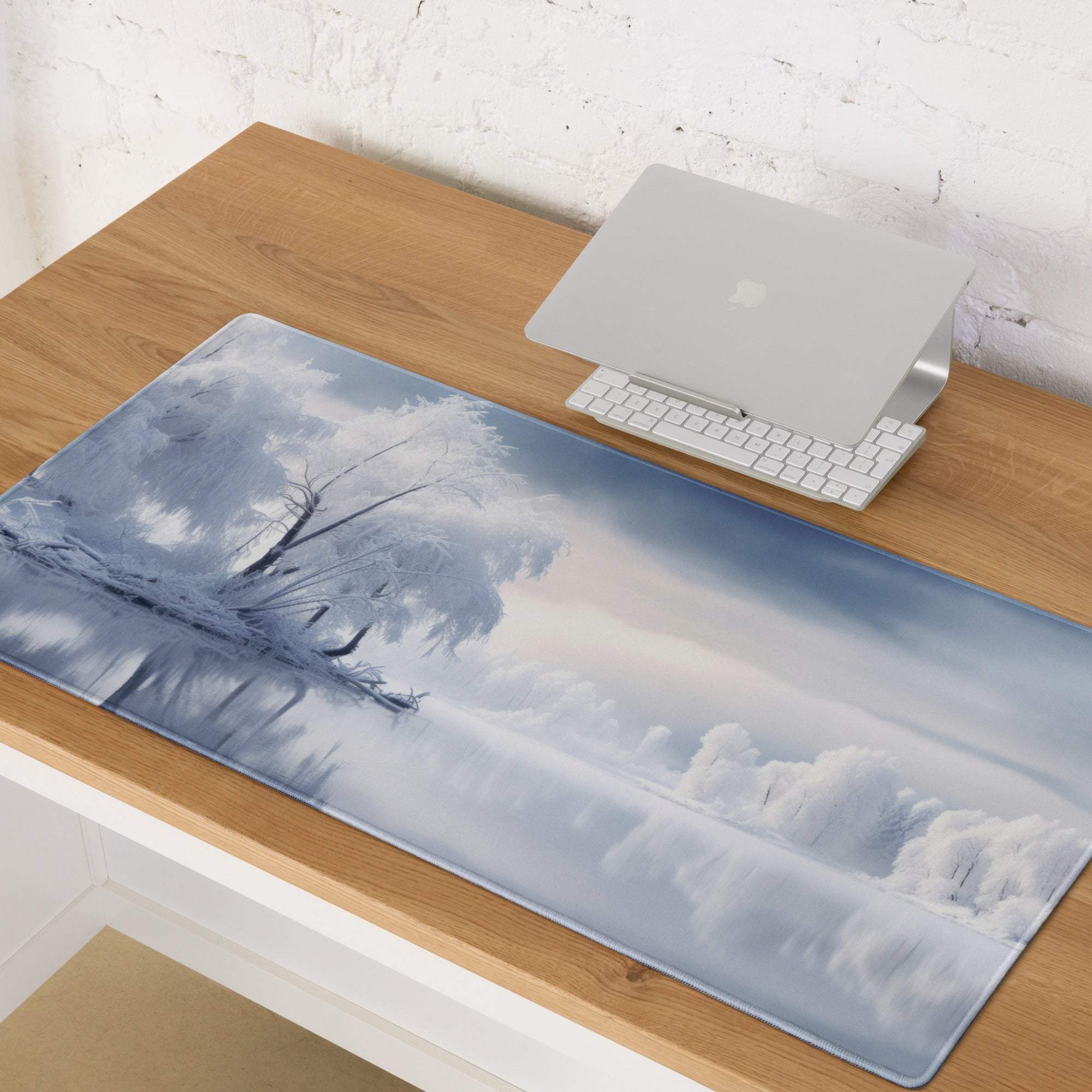 Blue and white winter landscape mousepad with frosty tree silhouette