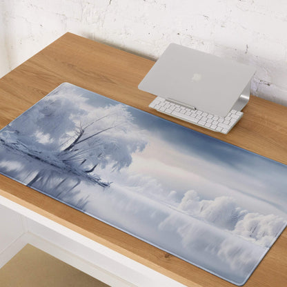 Blue and white winter landscape mousepad with frosty tree silhouette