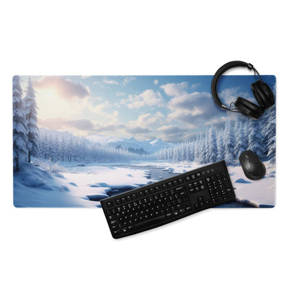 Winter Serenity blue snowy landscape gaming mouse pad with mountains