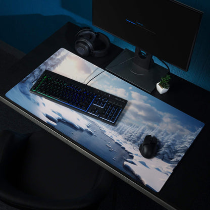 Winter Serenity snowy landscape gaming mouse pad with blue white trees ice floes