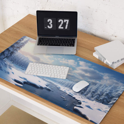 Winter Serenity blue snowy landscape gaming mouse pad with trees and frozen river