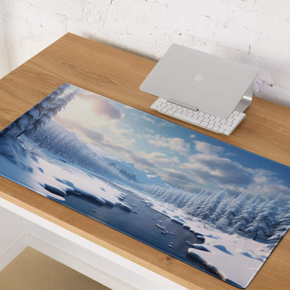 Blue and white winter landscape gaming mouse pad with non-slip base