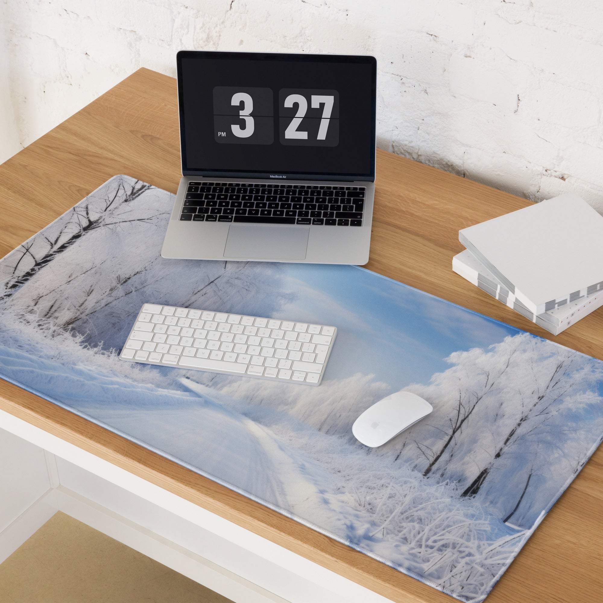 Serene Winter Forest blue white snowy mousepad with trees, large gaming pad