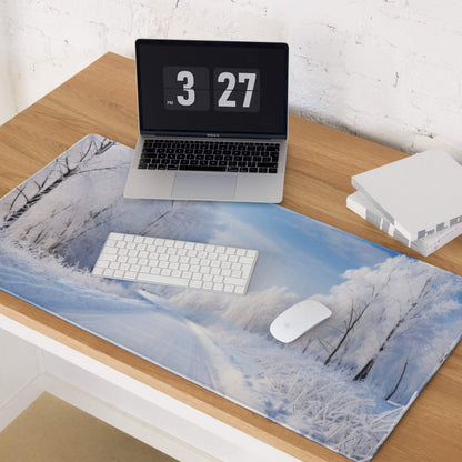 Serene Winter Forest blue white snowy mousepad with trees, large gaming pad