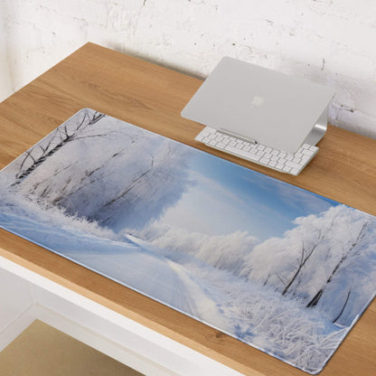 Serene Winter Forest Snowy Blue large gaming mouse pad with frost-covered landscape