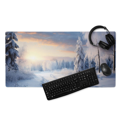 Professional Icy Winter Sunrise gaming mouse pad with snow-covered trees and pastel skies