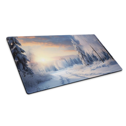 Icy winter sunrise landscape on large gaming mouse pad with non-slip base