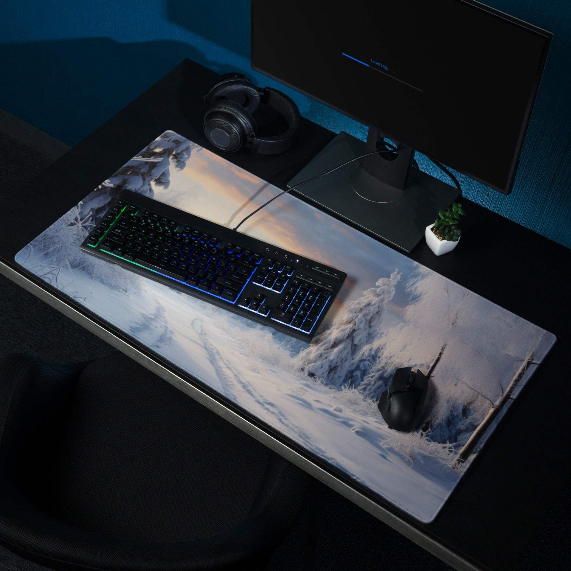 Professional Icy Winter Sunrise gaming mousepad with snowy forest scene