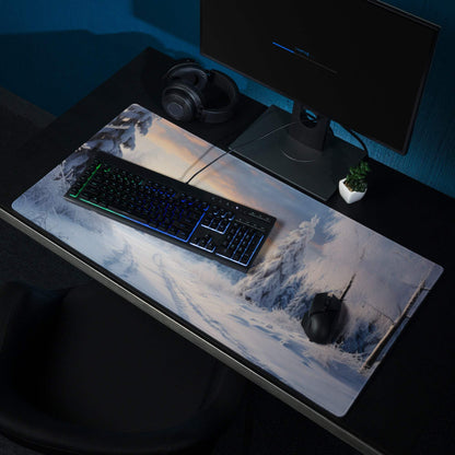 Professional Icy Winter Sunrise gaming mousepad with snowy forest scene