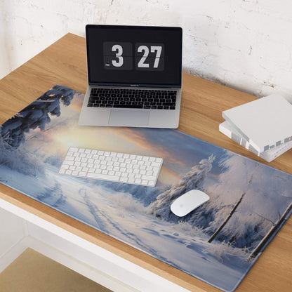 Icy winter sunrise gaming mouse pad with frosty landscape and non-slip base