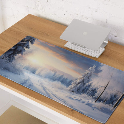 Icy winter sunrise gaming mouse pad with frosty landscape and non-slip base