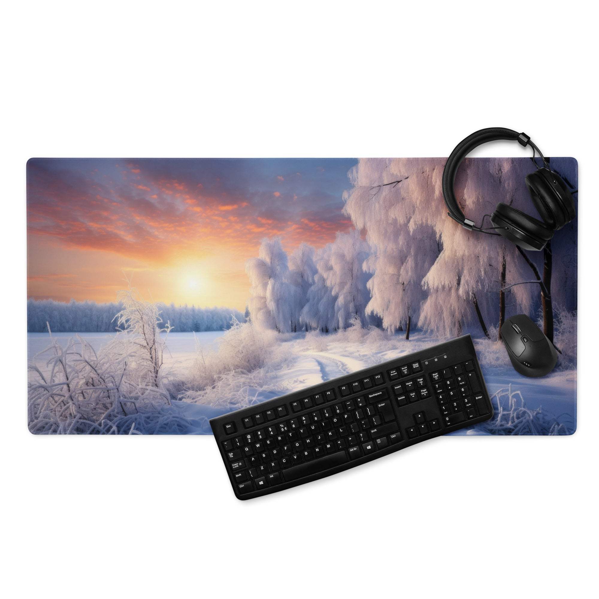 Winter sunrise snowy forest gaming mouse pad with large non-slip surface