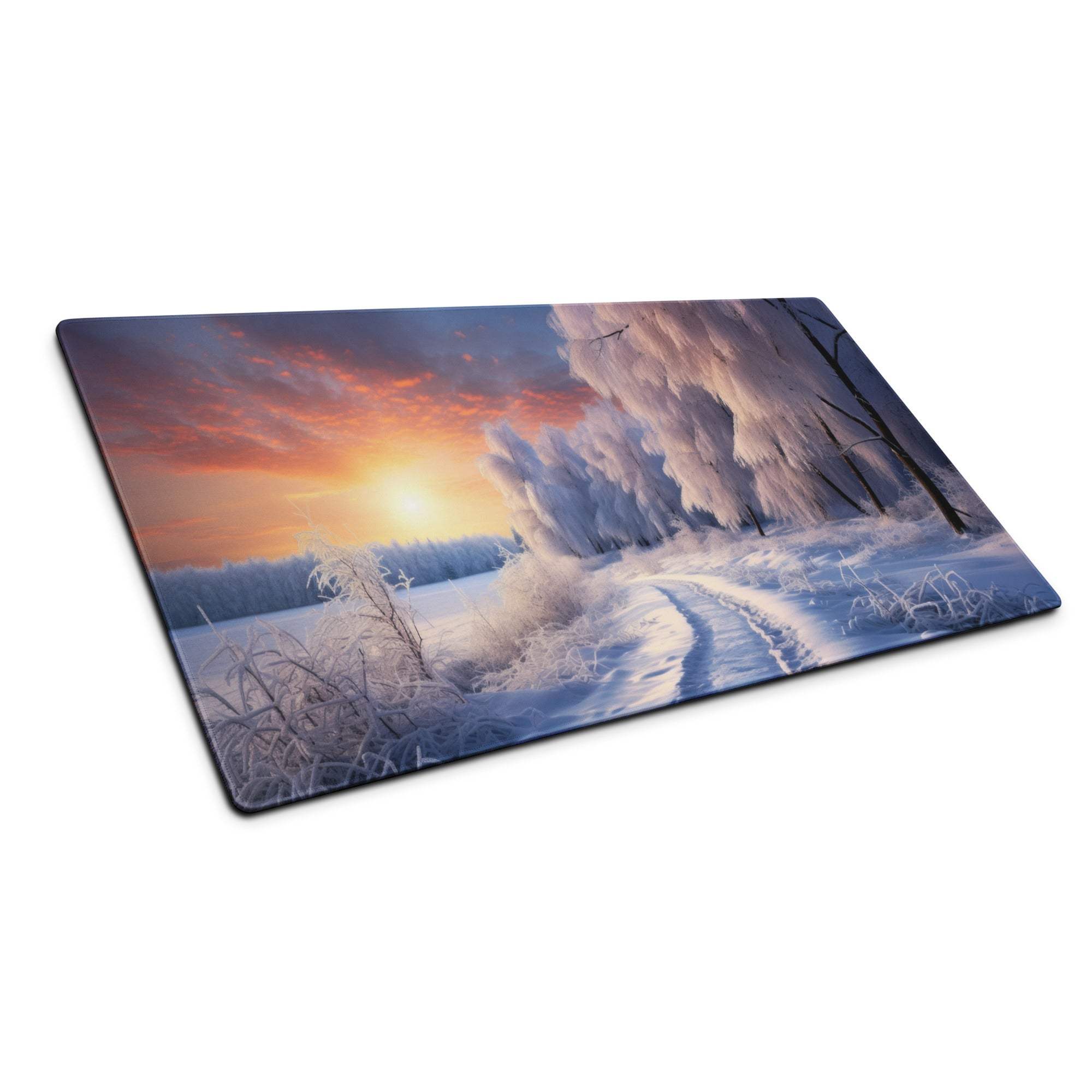 Winter sunrise snowy forest rectangular gaming mouse pad with vivid landscape