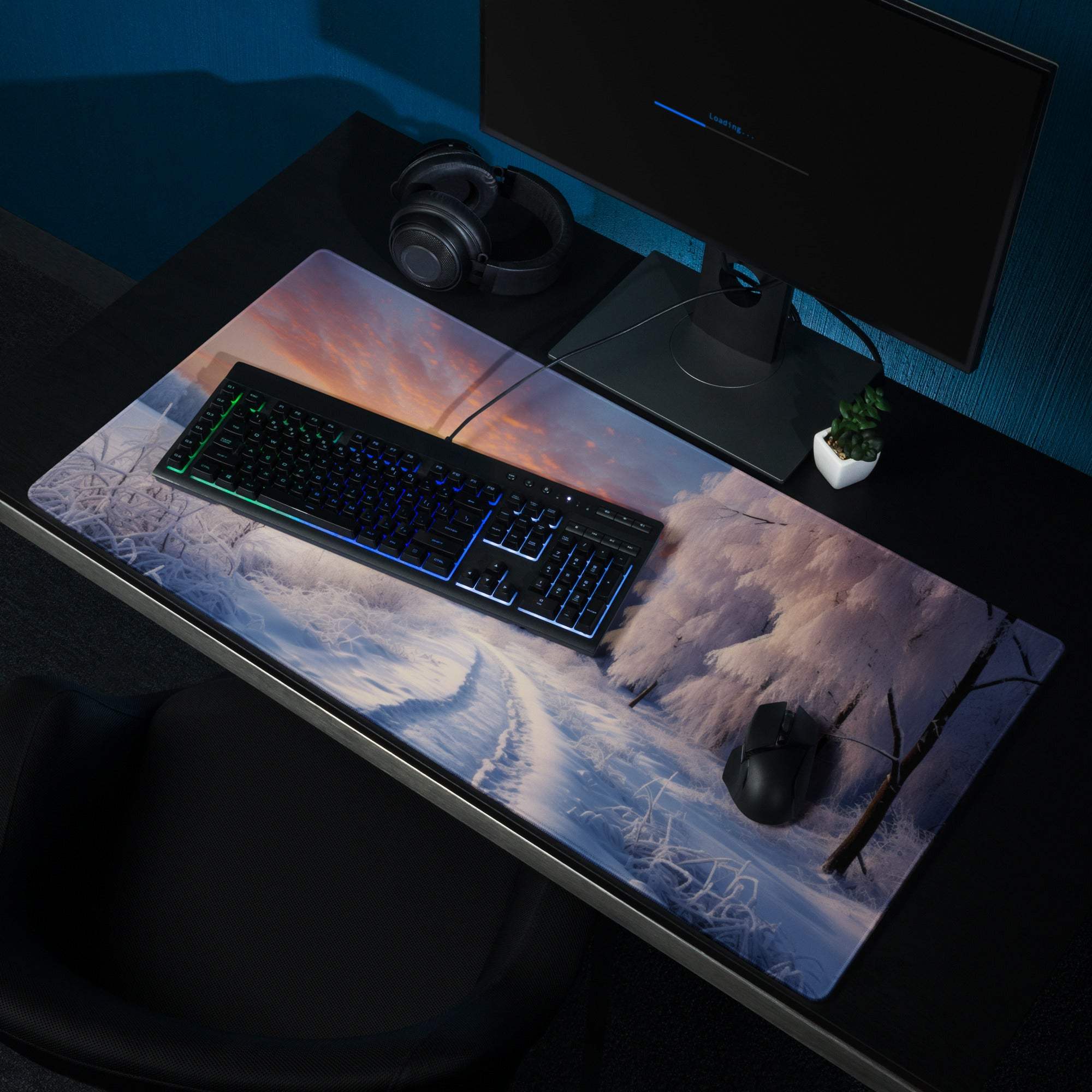 Winter Sunrise Snowy Forest gaming mouse pad with large non-slip surface