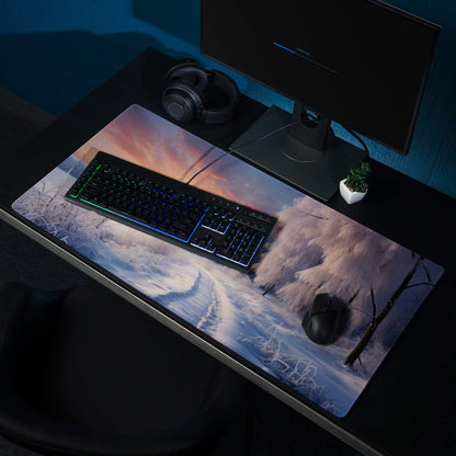 Winter Sunrise Snowy Forest gaming mouse pad with large non-slip surface