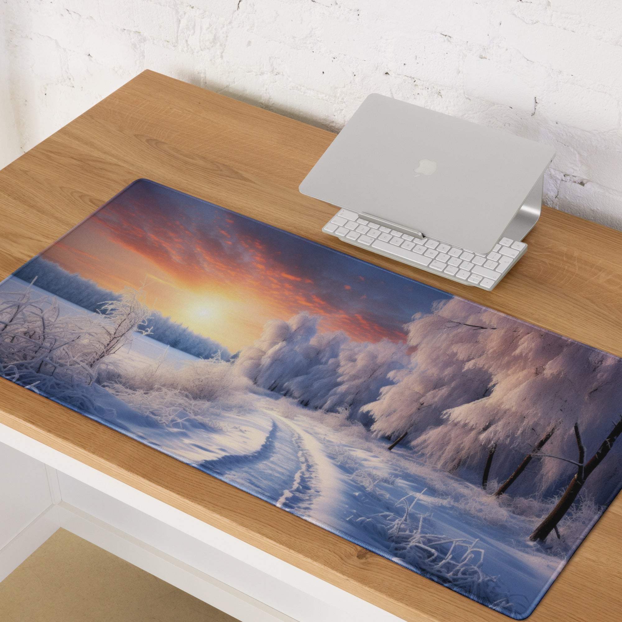 Winter sunrise snowy forest gaming mouse pad with frosty landscape