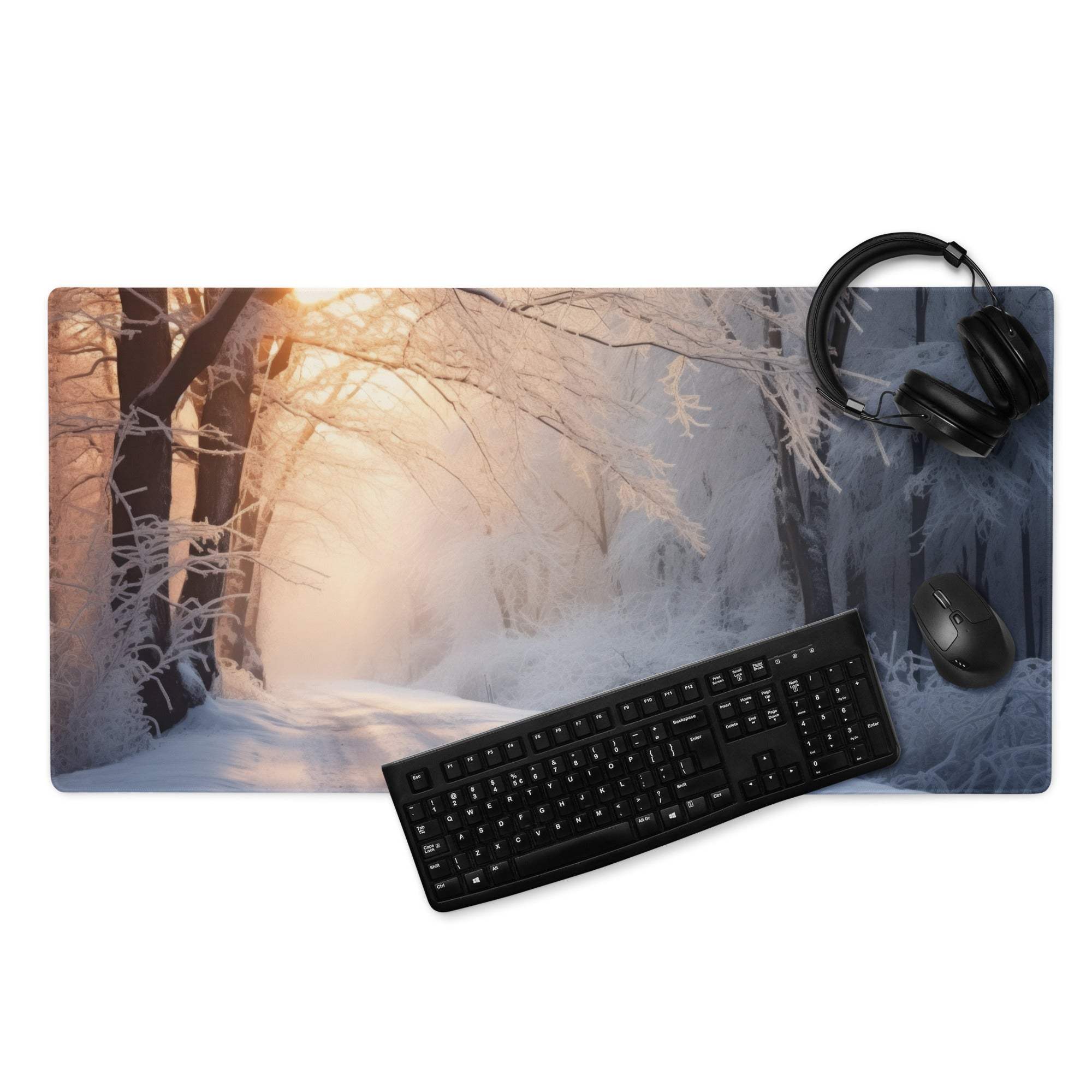Serene Winter Forest Sunrise gaming mouse pad with snowy path and golden glow