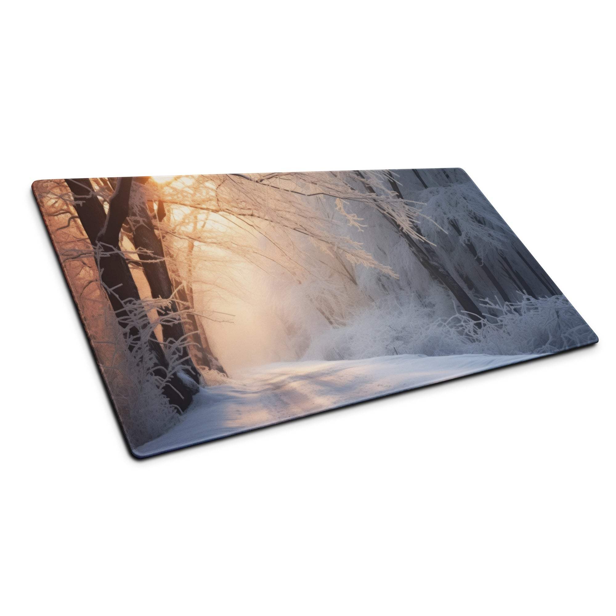Serene winter forest sunrise mouse pad with snow trees and golden glow