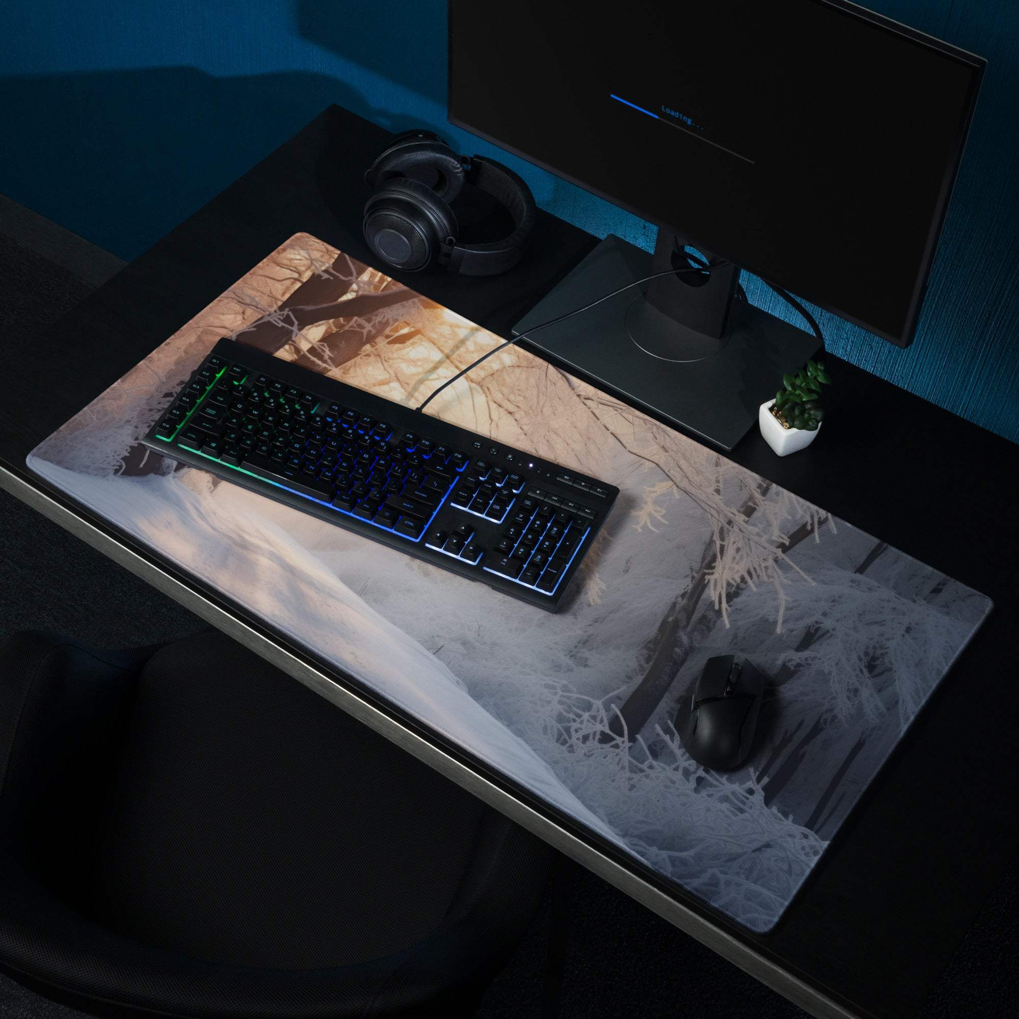 Serene Winter Forest Sunrise gaming mouse pad with icy marble textures