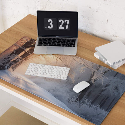 Serene winter forest sunrise mousepad with frosty trees and golden glow