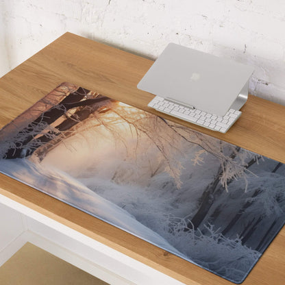 Serene winter forest sunrise mousepad with frost, golden glow, matte finish