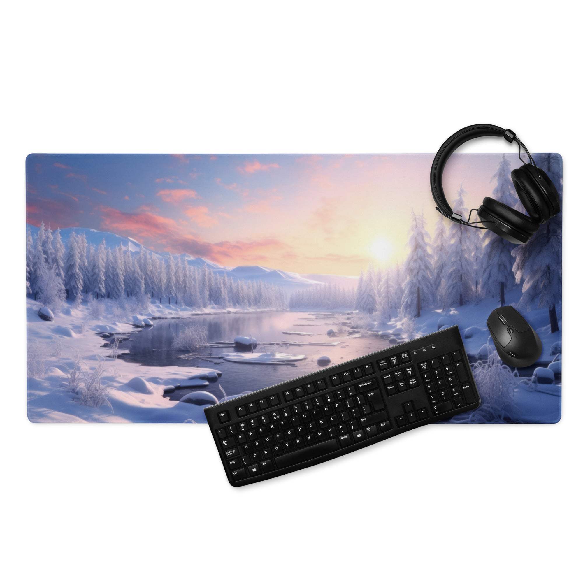 Epic Blue Winter Sunrise gaming mouse pad with snow-covered landscape