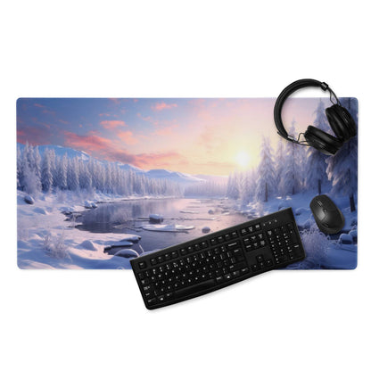 Epic Blue Winter Sunrise gaming mouse pad with snow-covered landscape