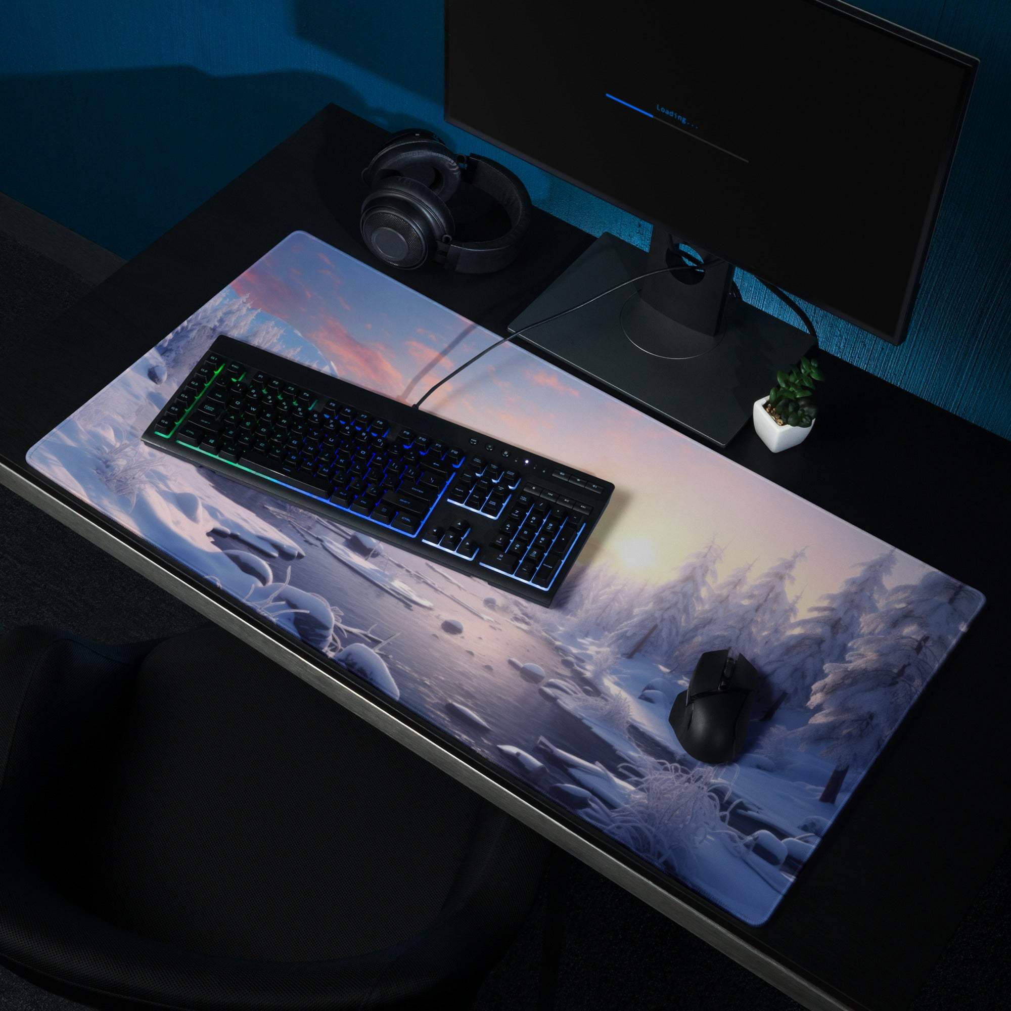 Epic Blue Winter Sunrise gaming mouse pad with snow trees sunset sky