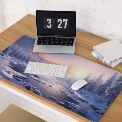 Epic blue winter sunrise gaming mouse pad with purple snow trees sunset