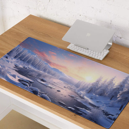 Epic blue winter sunrise gaming mousepad with frosty mountains and sunset sky